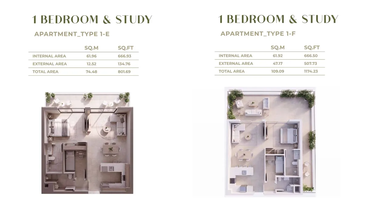 Floor plans: 1 bedroom, with a study