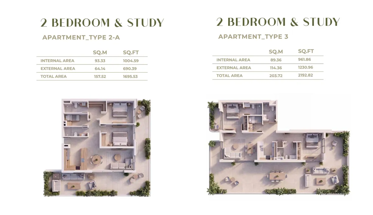 Floor plans: 2 bedrooms, with a study